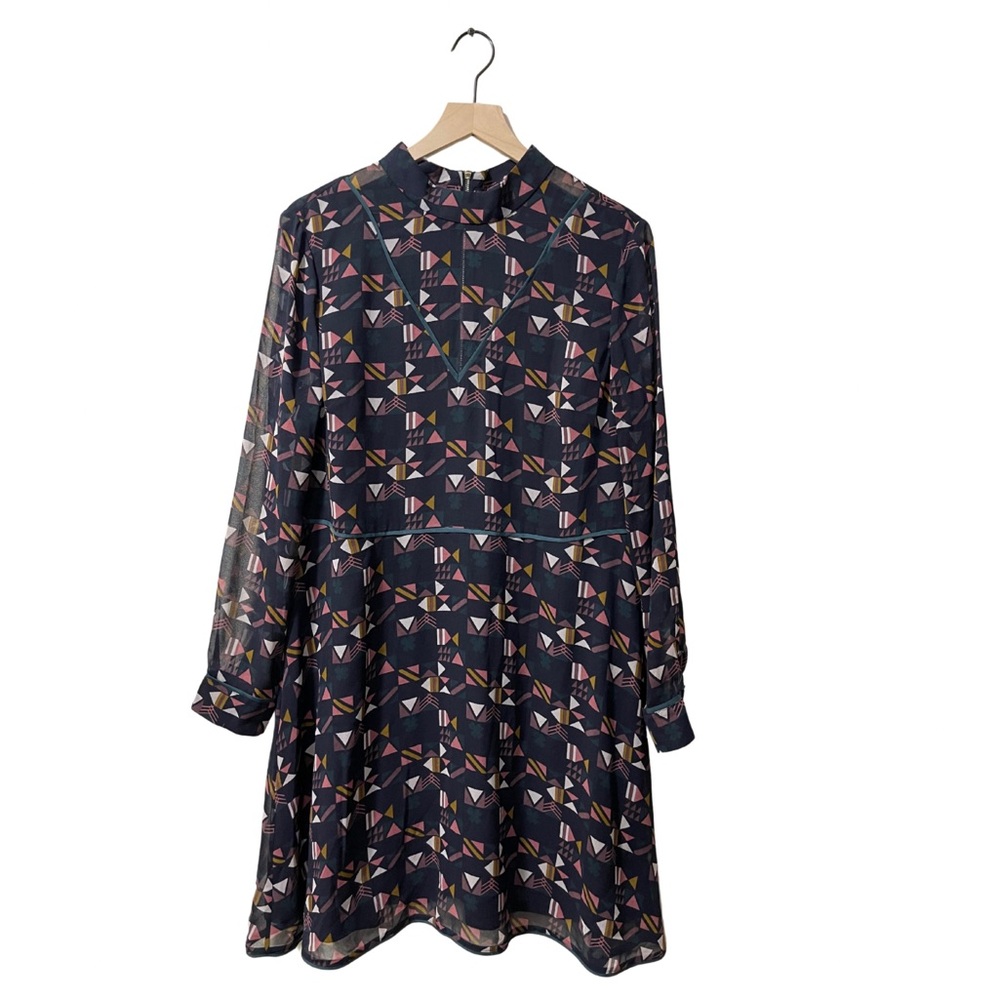 Ted Baker Navy Multi-Color Phanko Nordic Puzzle Geometric Patterned Dress Sz 12